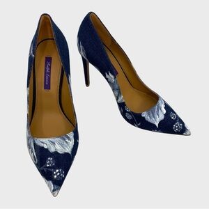 Ralph Lauren Purple Label Hand Painted Floral Blue Denim Celia Pumps Size 38
